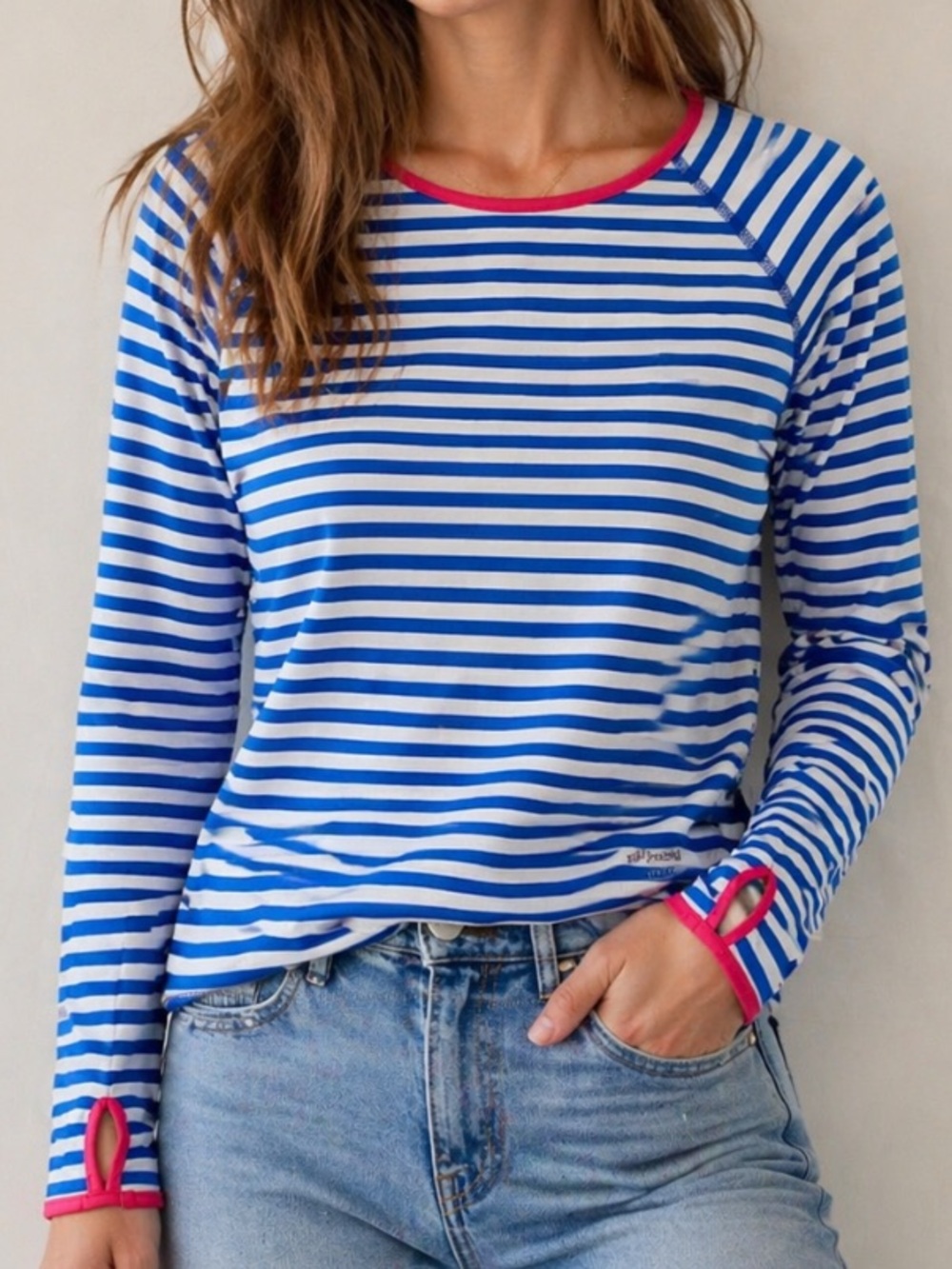 Solumbra 100+ SPF Shirt Small Blue White Striped UPF Long Sleeve UV Protection